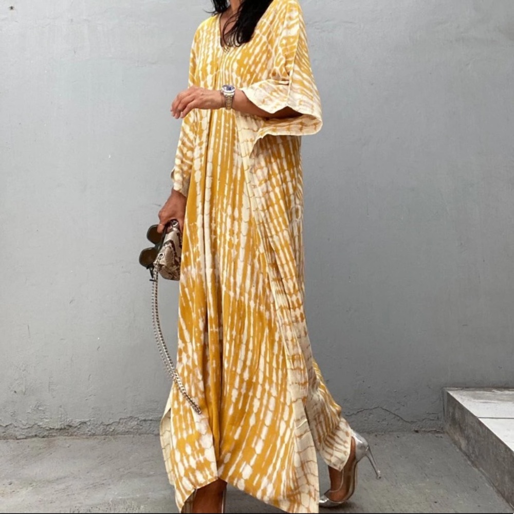 SOLD OUT New Mustard Bohemian Tie Dye Kaftan Kimono Dress - Picture 7 of 8